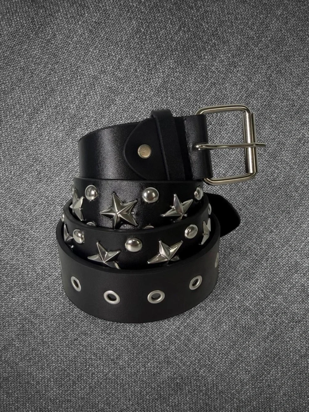 Black Leather-Look Star Studded Wide Belt Silver Buckle Punk Y2K 45 Inch